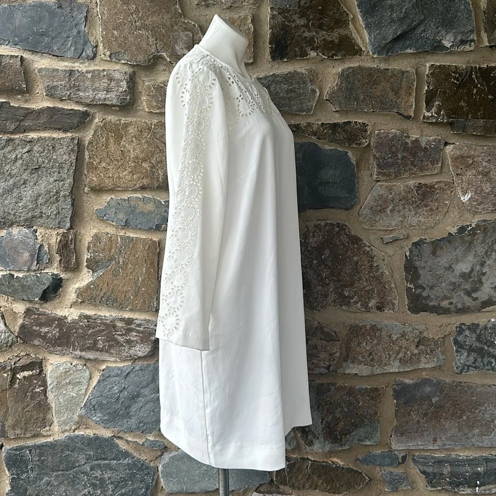 J. Crew White Laser-Cut Eyelet Lace Long Sleeve Shift Dress in 365 Crepe Size 14